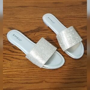 New BAMBOO Shimmering Silver Slide Sandals